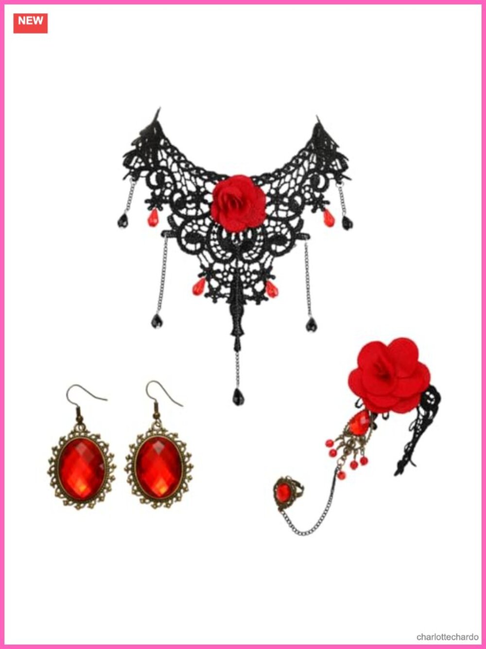 Gothic Lace Choker Bracelet Earrings Set Punk Steampunk Costume Party Victorian
